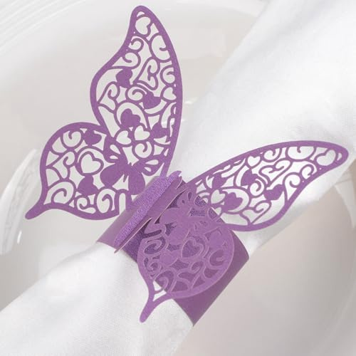 URROMA Serviettenringe, 50 Stück, violett, ausgehöhlte Schmetterlinge, Serviettenringhalter für Hochzeit, Abendessen, Party, Feier, Tischdekoration