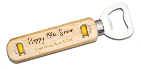 Handmade Personalised Wooden Bottle Opener – Happy 18th Birthday – Custom Printed Beer Opener with Name & Message – Rustic Wood Handle & Stainless Steel – Gift for Birthday for Beer Lovers