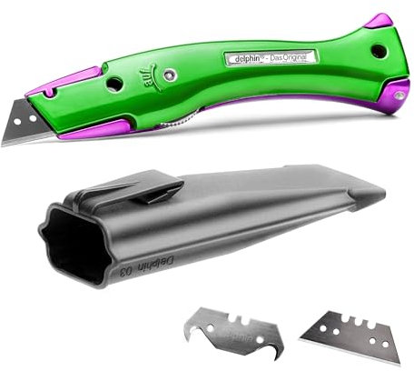 Delphin®-03 Teppichmesser, Style Edition, Feststehende Klinge, Profi Cuttermesser, Alu, Klingen und Kunststoffköcher, Rechts- u. Linkshänder