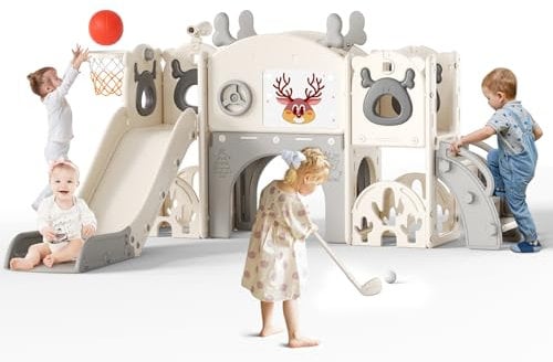 Toboggan élan de Noël,Toboggan 11 en 1 pour Tout-Petits,avec Panier de Basket,Structure d'escalade,télescope, Rangement,Arche Rampante, Golf,Planche à Dessin,Toboggan Extra Long 1310mm (Beige-Gris)