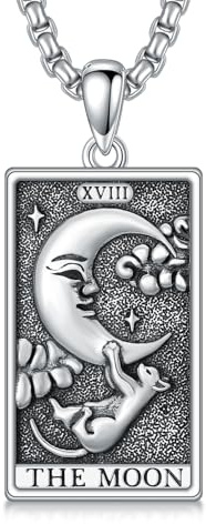 enjoylifecreative Mond Katze Halskette für Damen 925 Sterling Silber The Moon Tarotkarte Anhänger Kette Mond Tarot Schmuck Geschenk für Frauen Männer