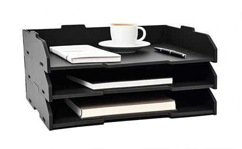 YFS Briefablage aus Papier mit 3 Ebenen, A3, stapelbarer Organizer für Bürobedarf, kleine Papierablagen, Bürobedarf, Schreibtischzubehör und Arbeitsplatz, Schwarz (A3, schwarz, horizontal, 3 Ebenen)