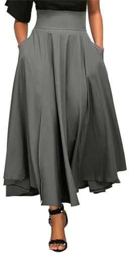 WOYUANSHA Hübscher Rock Bleistiftrock Damen Plissee Maxi Rock Große Schaukel Mode Frauen Hohe Taille Taschen Dekoration Elastisch Lady Ankke Länge Unten XXXL Grau