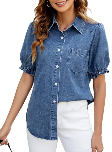 BMJL Womens Denim Shirt Business Casual Button Down Work Blouses Puff Sleeve Summer Tops, Elastic Blue, XXL