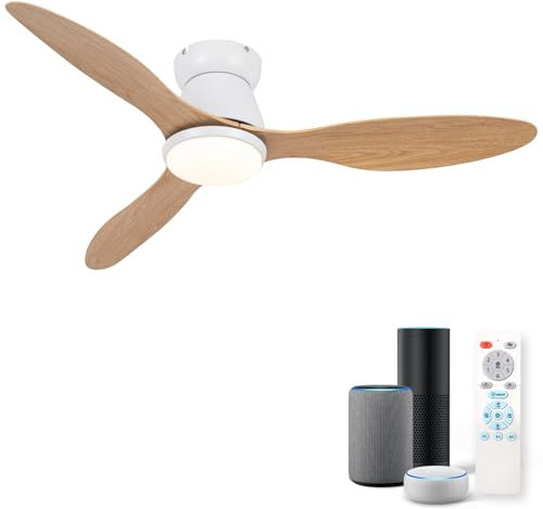 ycwdcz Smart Ceiling Fans with Lights Compatible with Alexa, 42″ Ceiling Fan with Lamp Quiet, Led Dimmable, 3000lm, Reversible 6 Speed, for Bedroom, Kitchen, Living Room, Lounge, White Wood grain