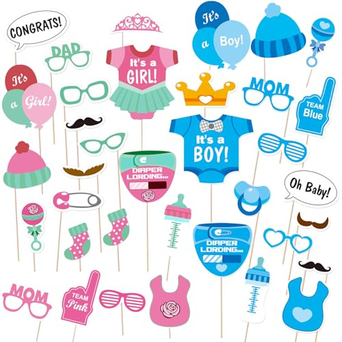 FOSDICK 50 Pezzi Baby Shower Photo Booth, Gender Reveal Party Photobooth, Foto Booth Boy or Girl, Decorazioni Festa Nascita Bambino Bambina, Photobooth Selfie Accessor per Baby Shower Gender Reveal