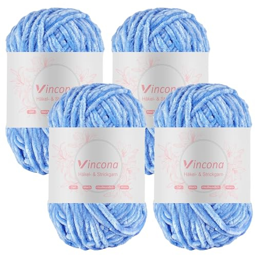 Vincona 4 x 100g Chenille Wolle zum Häkeln - Kuschelig und hautfreundlich，Garn zum Stricken und Häkeln - 100% Polyester – 4 x 120 m – Nadelstärke 5-6 Hellblau