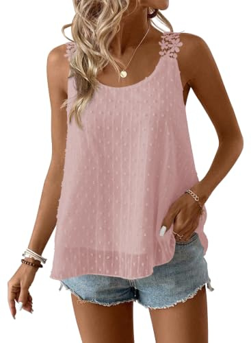 TUUHAW Debardeur Femme Débardeur sans Manche Été Col Rond Caraco Bohème | Fluide Floral Élégant Tank Top, Bretelles Lâche Plissé Bohème Chemise, Uni Caraco, Lâches Cami Hauts, Plissé Dentelle Blouse