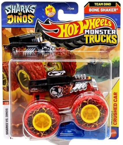 Hot Wheels Monster Trucks Sharks vs Dinos, collezione di veicoli pressofusi in scala 1:64, edizione 2025 (shaker per ossa 7/8)