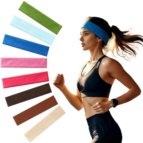 AEMCHDM 8 Stück Stirnband Damen Sport, Schweißband Mischfarben Elastisch Headband, Sommer Schweiß Weich Antirutsch Stirnbänder Elastisch Headband Mode-Accessoires