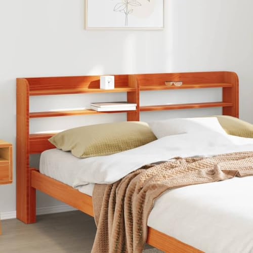 Hoopleep Kopfteil mit Ablagen, Wachsbraun 140 cm, Massivholz Kiefer, freistehend, Nachttisch-Alternative, für Queen-Size Bettrahmen, Stabiler Holzrahmen
