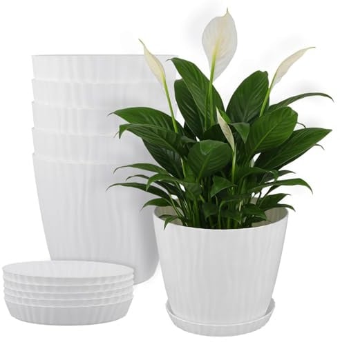 TAICHEUT 6 Pack Indoor Plant Pots with Drainage Holes and Saucers, 18cm White Modern Stripe Design Plastic Flower Pots for All House Plants