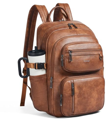 tiamyi Vegan Leather Backpack, TSA Travel Backpack for Men and Women, Fits 17.0 Inch Laptop with Luggage Strap, Brown