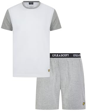 Lyle & Scott Herren McCartney Baumwolle Pyjama Set Farbblock T-Shirt und kurze Loungewear Premium Casual Nachtwäsche für Männer, Hellweiß/Grau meliert, L