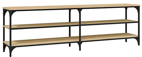 KKgypkn Vintage Style TV Unit with Iron Frame and 3 Open Shelves, TV Cabinet with Adjustable Feet for Stability, Stand with Industrial Design