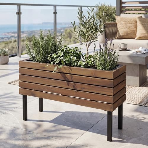 Mendler Pflanzkasten HWC-P84 36x62x22cm Stahl - braun | Blumenkasten, Outdoor, Akazie, FSC®-Zertifiziert