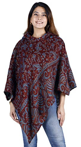 GURU SHOP Poncho mit Kapuze, Goa Hippie, Boho Poncho - Wine, Damen, Synthetisch