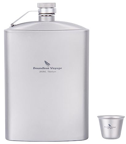 iBasingo 250ml Titan Flachmann mit Klein Becher Outdoor Camping Trinkflasche Alkoholflasche Alkohol Whisky Wein Bottle Becher Set Abnehmbarer Weintopf mit Trinkbecher für Reisen Picknick Ti3064D