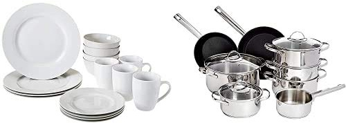 Amazon Basics Geschirrservice, 16-teilig, für 4 Personen + Amazon Basics - 11-teiliges Kochgeschirr-Set, Edelstahl, für Induktionsherde, mit Deckeln