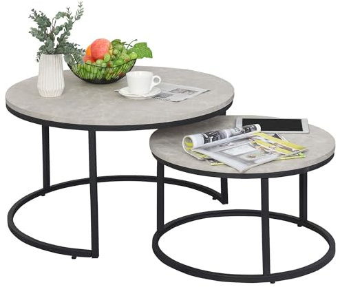 HOMCOM Round Nesting Coffee Table Set of 2, Large Stacking End Side Table with Steel Frame for Living Room, Bedroom, Home Office, 78.5 x 78.5 x 46.5 cm, Marble Grey