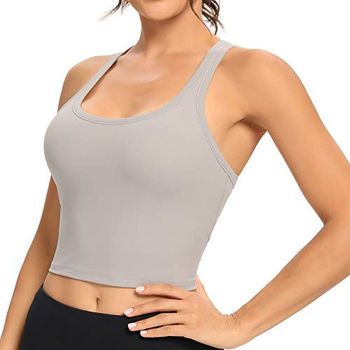 Lemedy Damen Racerback Sport-BH, abnehmbar, gepolstert, Workout Yoga Crop Tank Top, hellgrau, small