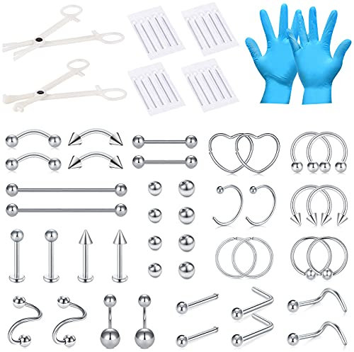 NIUSIMAN 66 Stück Piercing Set Edelstahl mit Klemmhandschuhen Körperpiercing Werkzeugset für Bauchnabel Zunge Brustwarze Augenbraue Lippe Septum Nase Ohr Piercing-Silber