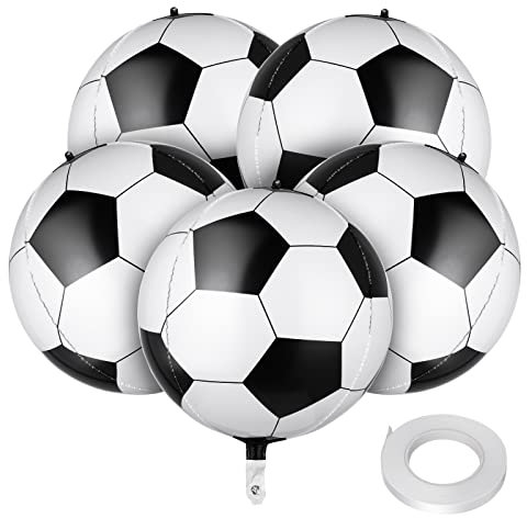 Abeillo 5 Stück Fussball Luftballon, 22 In/56 cm Geburtstagsdeko Fussball, 3D Sphärisch Party Fussball Deko Fußball Folienballon für Mann Kinder Junge Geburtstag Sport Fussball Thema (mit Bänder)