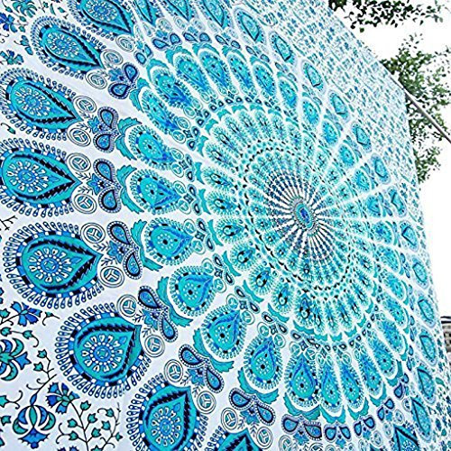 Popular Handicrafts Wandteppich, Hippie-Mandala, Bohemian, Hippie, psychedelisches Design, indischer Pfau, Meditation, Wandteppich, Tagesdecke, 230 x 270 cm, Blaugrün und Blau auf Weiß