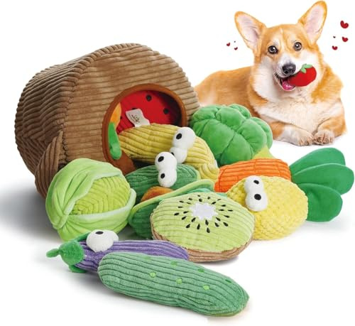 Nocciola 15-er Set Verstecken und Suchen Quietschspielzeug für Hunde, Interaktives Hundespielzeug für Welpen, Kleines Kauspielzeug gegen Langweile, Obst und Gemüse