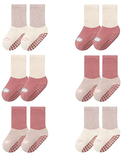 FedMois Pack de 6 Calcetines Térmicos Invierno de Algodón Antideslizantes para Bebé Niño Niña, Conejo, 1-3 años