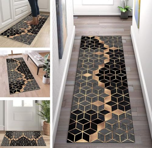 Läufer Teppich Flur Küche Grau Schwarz Gold Design rutschfest 80x350cm Küchenläufer Teppichmatten Waschbar Korridor Teppichläufer Küchenteppich Schlafzimmer Esszimmer Polyester Meterware Anpassbar
