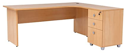 furni24 Schreibtisch Winkelschreibtisch, Eckschreibtisch, Moderner Bürotisch Computertisch mit großer Arbeitsfläche, Holzbeinen, Bürotisch,PC Tisch, Dona Buche inkl.Beistellcontainer rechts gewinkelt