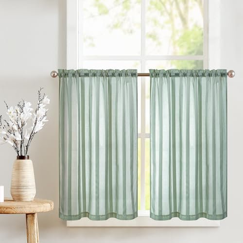 TOPICK Sheer Scheibengardinen Blaugrün H 60 x B 90 (cm) 2er Set mit Tunnelzug Transparent Bistrogadine Landhaus Voile Küchenvorhang Gestreift Küchengardinen Paarig für Badezimmer Klein Fenster