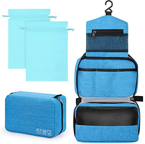 Sarsumir Kulturbeutel Damen Herren Kulturtasche Kosmetiktasche Zum Aufhängen Reise Schminktasche Waschtasche 1 Toiletry Bag + 2 Tasche mit Kordelzug, Himmelblau