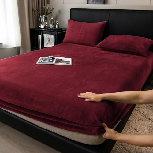Boqingzhu Flauschige Plüsch Spannbettlaken 90x200cm Rot Weinrot Fleece Flanell Cashmere Touch Spannbetttuch Winter Kuschelig Bettlaken für 25 bis 30cm Matraze