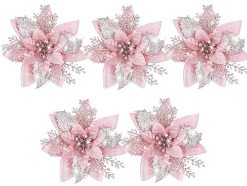 FUNLOV 5 Pcs Christmas Glitter Poinsettia Flower,Artificial Xmas Trees Glitter Decor Flowers,Christmas Ornaments Flowers for Xmas Tree,Wedding,Party,New Year,Home Outdoor (Pink)