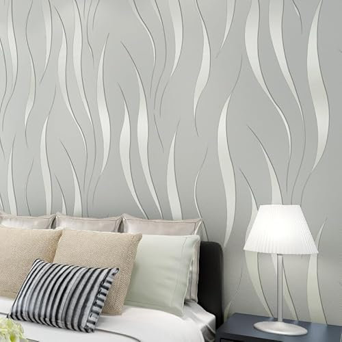 Camiraft 6 Roll Silver Gray Wallpaper Modern Curves Glitter 3D Abstract Textured Wallpaper Mural Wave Stripes Wall Paper for Bedroom Living Room TV Backdrop Hallway Kitchen