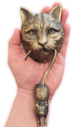 Anatolica Cat and Mouse Door Knocker, Solid Brass, 8.7 inches, Front Door Ornament (Antique Bronze)