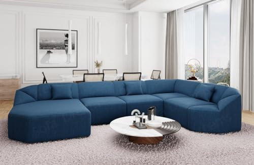 Wohnlandschaft Cabrera U Form Stoffsofa Sofa in Strukturstoff Designersofa Webstoff (Blau, Ottomane Links)