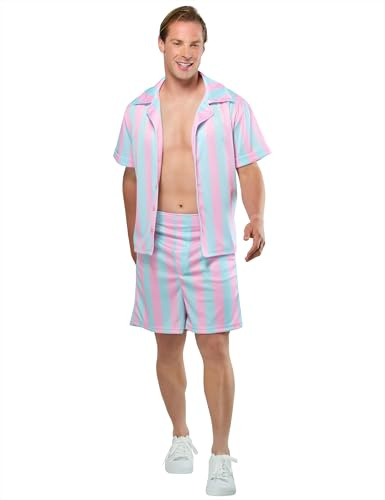 Rubies Barbie Movie Beach Ken gestreifte Shorts und Hemd, Kostüm in Rosa und Hellblau, für erwachsene Männer