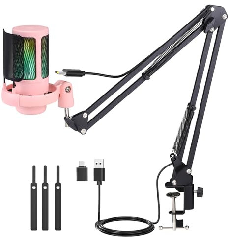 UATARU USB Gaming Microphone Kit for PC, RGB Condenser Microphone Podcast Mic with Monitoring Jack, Quick Mute, Gain Control, Boom Arm Stand for Streaming Podcast Recording Studio Singing (Pink)