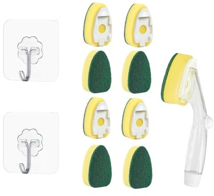 8Pack Mit Spülmittelspender, Befüllbare Spülbürste Mit Stiel, Geschirrspüler Schwamm, 1Pcs Handle+2 Transparent Haken, Nicht Kratzen Scheuerpad, Wischt Scheuerbürste für Küche Reinigung