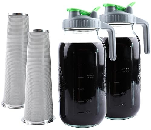 Cold Brew Coffee Maker 64 Oz Mason Jar Iced Tea Pitcher With Strainer 2 Set Half Gallon Glass Pitcher With Spout Lid 2 Quar Water Jug For Fridge Beverage, Sun Tea, Hot Cold Brew, Lemonade, Juice