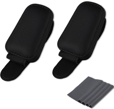 2Pcs Magnetic Leather Sunglass Holder, Sunglasses Holders for Car Sun Visor, Leather Car Visor Sunglass Holder with 4 Glasses Cloths, Car Magnetic Glasses Holder for Different Size Eyeglasses