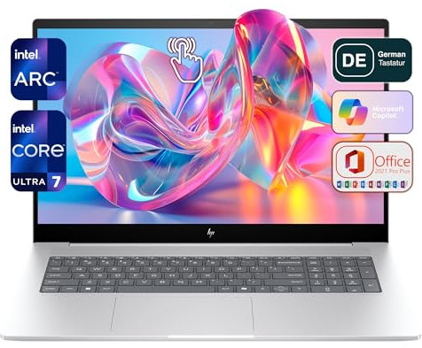 HP Envy Business Laptop, Intel Core Ultra 7-155H, 64 GB DDR5 RAM, 4 TB PCIe SSD, 17.3 FHD IPS Touchscreen, Intel Arc Graphics, QWERTZ Tastatur, Windows 11 Home,Office 2021, Silber