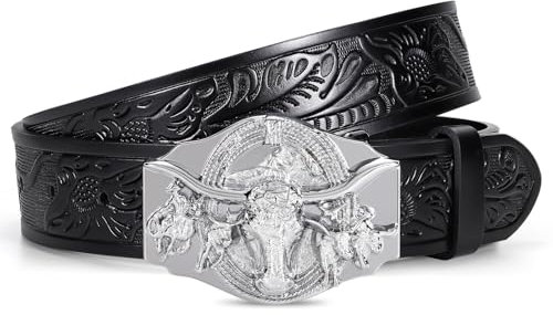 LEACOOLKEY Western Cowboy Ledergürtel für Männer Frauen Cowgirl Western Das Land Gürtel Herren Schnalle Gürtel für Jeans Hosen