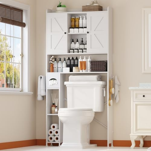 EasyCom Over The Toilet Storage Cabinet, Farmhouse Storage Cabinet Over Toilet with 2 Barn Doors, Space-Saving Toilet Cabinet with Toilet Paper Holder and Metal Feet, for Bathroom, Laundry, White