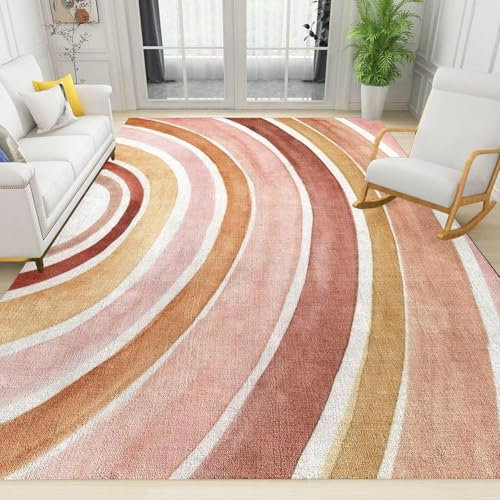 FACADUP Boho Abstract Rainbow Stripes Art Rug 80x150cm Washable Rug Retro Watercolor Pink Non-slip Entryway Doormat Contemporary Throw Floor Mat for Room Coffee Chair Rug