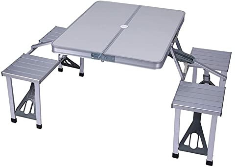 GBNYTT Table de camping pliante portable en aluminium avec 4 sièges et trou pour parasol pour fête, barbecue, plage, pêche