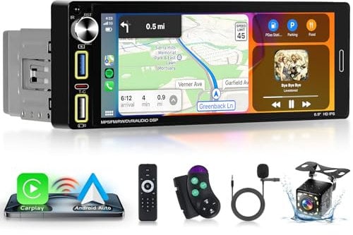 Single Din Car Stereo with Wireless Carplay Android Auto, Hodozzy 6.9 inch 1 Din Touchscreen Radio Support Bluetooth 5.2 FM Radio Type-C USB Fast Charge Mirrorlink EQ Audio SWC Rear Camera